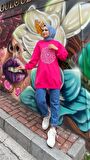 Papatya Taş Detaylı Nakış Baskılı Sweatshirt - 71143 - Fuşya