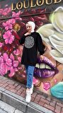 Papatya Taş Detaylı Nakış Baskılı Sweatshirt - 71143 - Siyah