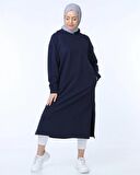 Atlas Kapşonlu Uzun Sade Basic Sweatshirt - 3007 - Lacivert