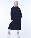 Atlas Kapşonlu Uzun Sade Basic Sweatshirt - 3007 - Lacivert