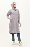 Aysima Yaka Detaylı Kapşonlu Sade Basic Sweatshirt - 3032 - Gri