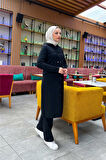 Kapşonlu Düğmeli Sade Basic Uzun Tunik ve Pantolon İkili Spor Takım - 03072.003 - Siyah