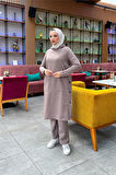 Kapşonlu Yandat Çıtçıtlı Sade Basic Uzun Tunik ve Pantolon İkili Spor Takım - 03071.016 - Vizon