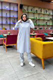 Kapşonlu Yandat Çıtçıtlı Sade Basic Uzun Tunik ve Pantolon İkili Spor Takım - 03071.008 - Gri