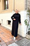 İkili Uzun Nevrül Detaylı Boğazlı Sade Basic Uzun Büyük Beden Spor Elbise - 12027 - Siyah