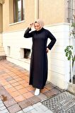 İkili Uzun Nevrül Detaylı Boğazlı Sade Basic Uzun Büyük Beden Spor Elbise - 12027 - Siyah