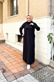İkili Uzun Nevrül Detaylı Boğazlı Sade Basic Uzun Büyük Beden Spor Elbise - 12027 - Siyah
