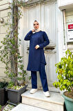 Kruvaze Bisiklet Yaka Sade Basic Tunik Panolon İkili Takım - 03076.202 - Açık Lacivert