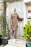 Kruvaze Bisiklet Yaka Sade Basic Tunik Panolon İkili Takım - 03076.016 - Vizon