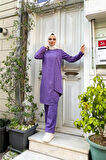 Kruvaze Bisiklet Yaka Sade Basic Tunik Panolon İkili Takım - 03076.207 - Koyu Lila