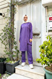 Kruvaze Bisiklet Yaka Sade Basic Tunik Panolon İkili Takım - 03076.207 - Koyu Lila