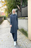 Kruvaze Bisiklet Yaka Sade Basic Tunik Panolon İkili Takım - 03076.017 - Antrasit