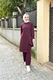 Kruvaze Bisiklet Yaka Sade Basic Tunik Panolon İkili Takım - 03076.020 - Mürdüm