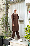 Kruvaze Bisiklet Yaka Sade Basic Tunik Panolon İkili Takım - 03076.028 - Kahverengi
