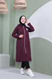 Yazı Baskılı Fermuarlı Kapşonlu Uzun Sweat - 03081 - Mürdüm