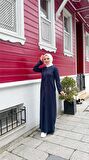 O Yaka Fermuarlı Yan Cepli Pamuklu Uzun Ferace - 71179.015 - Lacivert