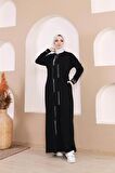 Taş Detaylı Fermuarlı Cepli Uzun Ferace - 71181.003 - Siyah