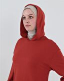Atlas Kapşonlu Uzun Sade Basic Sweatshirt - 3007 - Kiremit