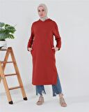 Atlas Kapşonlu Uzun Sade Basic Sweatshirt - 3007 - Kiremit