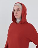 Atlas Kapşonlu Uzun Sade Basic Sweatshirt - 3007 - Kiremit