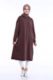 Atlas Kapşonlu Uzun Sade Basic Sweatshirt - 3007 - Kahverengi