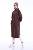 Atlas Kapşonlu Uzun Sade Basic Sweatshirt - 3007 - Kahverengi