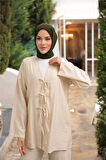 V Yaka Bağcıklı İkili Tesettür Eşofman Takımı - 71243.026 - Bej
