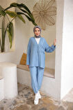 V Yaka Düğmeli Cepli İkili Tesettür Eşofman Takımı - 71244.006 - İndigo
