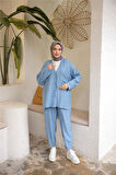 V Yaka Düğmeli Cepli İkili Tesettür Eşofman Takımı - 71244.006 - İndigo