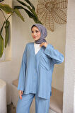 V Yaka Düğmeli Cepli İkili Tesettür Eşofman Takımı - 71244.006 - İndigo