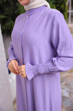 Düğmeli Yırtmaçlı Büzgü Kollu Uzun Tunik İkili Tesettür Eşofman Takımı - (38-46) - 71279 - Lila