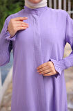 Düğmeli Yırtmaçlı Büzgü Kollu Uzun Tunik İkili Tesettür Eşofman Takımı - (38-46) - 71279 - Lila