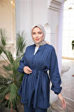 Düğmeli Belden Bağcıklı Kısa Tunik İkili Tesettür Eşofman Takımı - (38-46) - 71281 - Lacivert