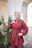 Düğmeli Belden Bağcıklı Kısa Tunik İkili Tesettür Eşofman Takımı - (38-46) - 71281 - Bordo