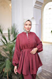Düğmeli Belden Bağcıklı Kısa Tunik İkili Tesettür Eşofman Takımı - (38-46) - 71281 - Bordo