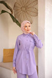 Belden Bağcıklı Tek Cepli Gömlek İkili Tesettür Eşofman Takımı - (38-46) - 71283 - Lila