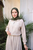 Fermuarlı Gömlek Yaka Kısa Rahat Kap - Cepli Etek Takımı - (38-46) - 71288 - Bej