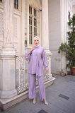 Gömlek Yaka Belden Yarı Bağcıklı Cepli Metal Düğme Detaylı İkili Tesettür Eşofman Takımı - (38-46) - 71293 - Koyu Lila