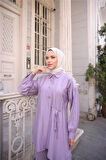 Gömlek Yaka Belden Yarı Bağcıklı Cepli Metal Düğme Detaylı İkili Tesettür Eşofman Takımı - (38-46) - 71293 - Koyu Lila