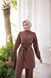 Balıkçı Yaka Belden Bağcıklı Fermuarlı İkili Tesettür Eşofman Takımı - (38-46) - 71301 - Kahverengi