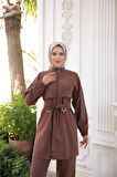 Balıkçı Yaka Belden Bağcıklı Fermuarlı İkili Tesettür Eşofman Takımı - (38-46) - 71301 - Kahverengi