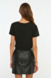Kadın %100 Organik Pamuk Penye Siyah Kısa Kol Basic Crop