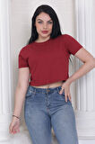 Süper kalite kadın pamuk penye bordo kısa kol crop top