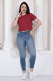 Süper kalite kadın pamuk penye bordo kısa kol crop top