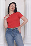 Süper kalite kadın pamuk penye kırmızı kısa kol crop top