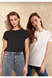 %100 organik pamuk 2`li paket Soft Touch kadın tişört siyah beyaz bisiklet yaka örme penye t-shirt