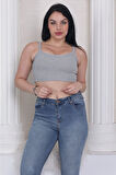 Kalın Askılı Gri Melanj Crop Top