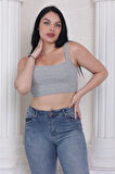 Kadın Gri Melanj Biyeli Crop Top