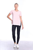 %100 Pamuk Kadın Pembe V yaka yanı yırtmaçlı asimetrik penye pamuk örme T-shirt tişört tunik