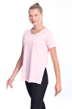 %100 Pamuk Kadın Pembe V yaka yanı yırtmaçlı asimetrik penye pamuk örme T-shirt tişört tunik